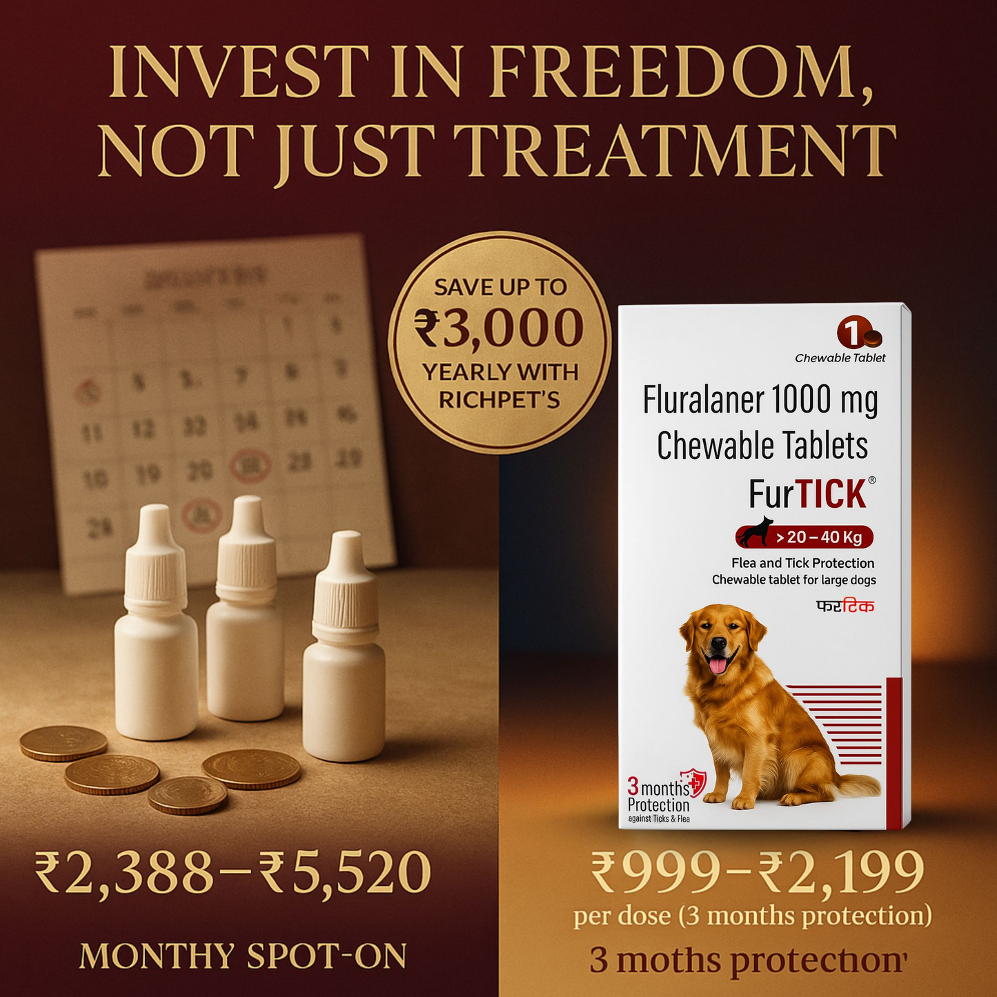 Richpet Furtick Fluralaner 1000mg Flea and Tick Tablet for Dogs (20-40kg)| 3-Month Protection Against Fleas,Ticks & Mites