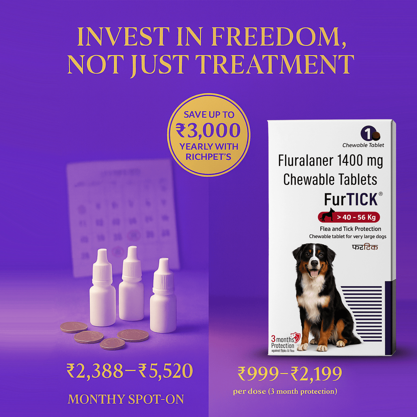 Richpet Furtick Flea & Tick Chewable Tablet for Very Large Dogs (40 - 56kg) | The Best Selling Fluralaner Tablet | 3 Months of Protection in One Dose - Richpet StoreRichpet Store
