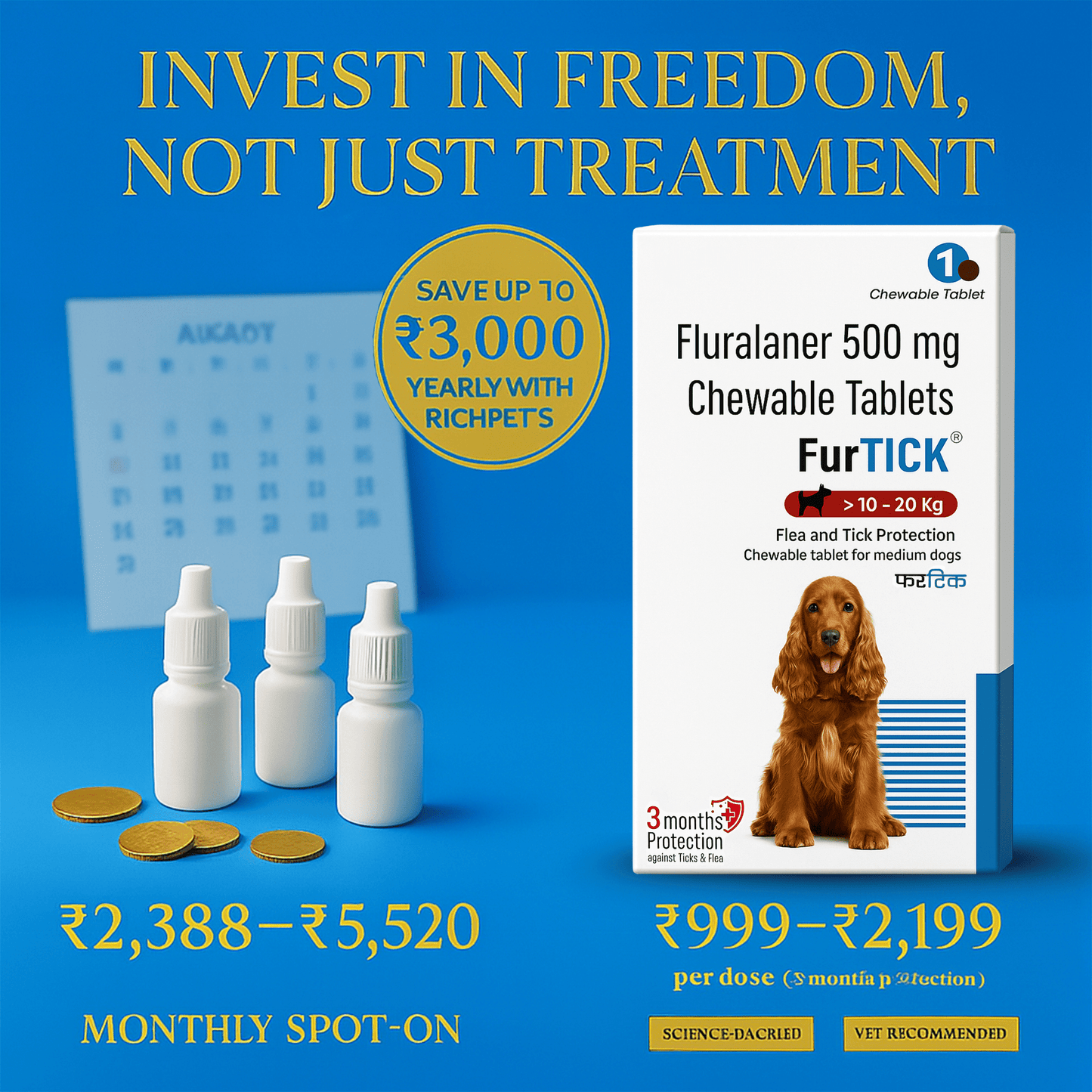 Richpet Furtick Fluralaner 500mg Flea and Tick Tablet for Dogs (10 - 20kg)| 3 - Month Protection Against Fleas,Ticks & Mites - Richpet StoreRichpet Store