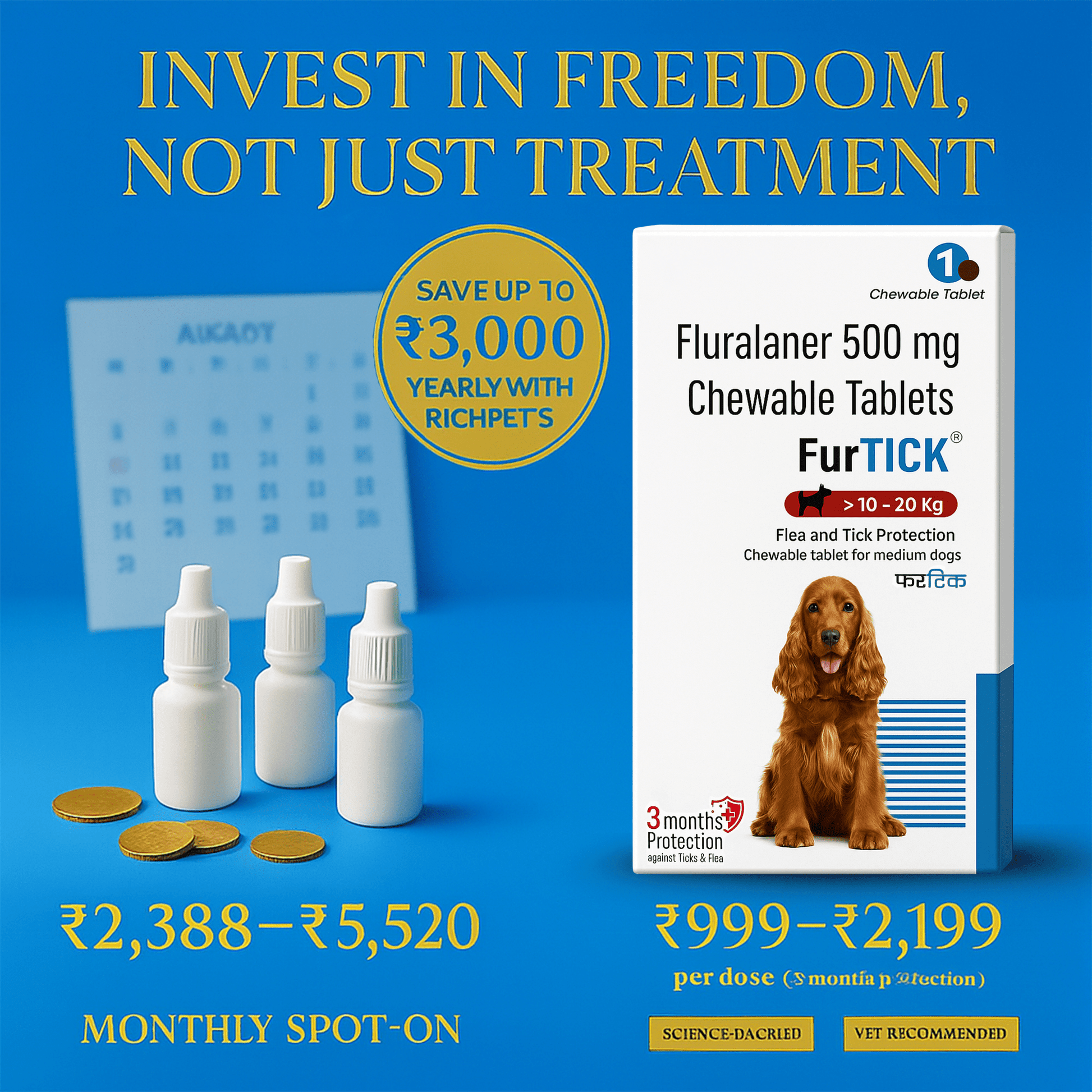 Richpet Furtick Fluralaner 500mg Flea and Tick Tablet for Dogs (10 - 20kg)| 3 - Month Protection Against Fleas,Ticks & Mites - Richpet StoreRichpet Store