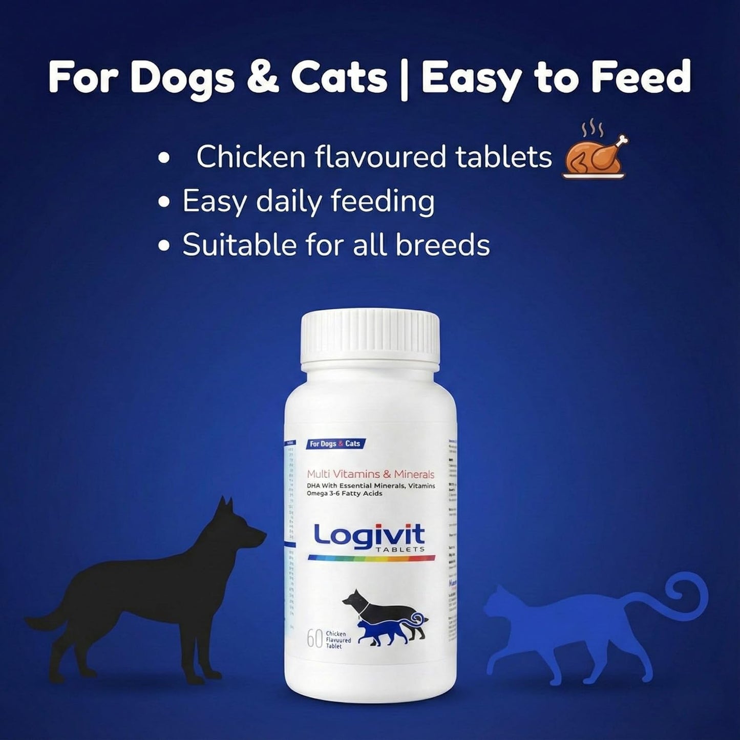 Richpet Logivit Multivitamin Tablets for Dogs & Cats – Daily Health Supplement with Vitamins & Omega 3 - 6 - 60 Chicken Flavoured Tablets - Richpet StoreRichpet Store