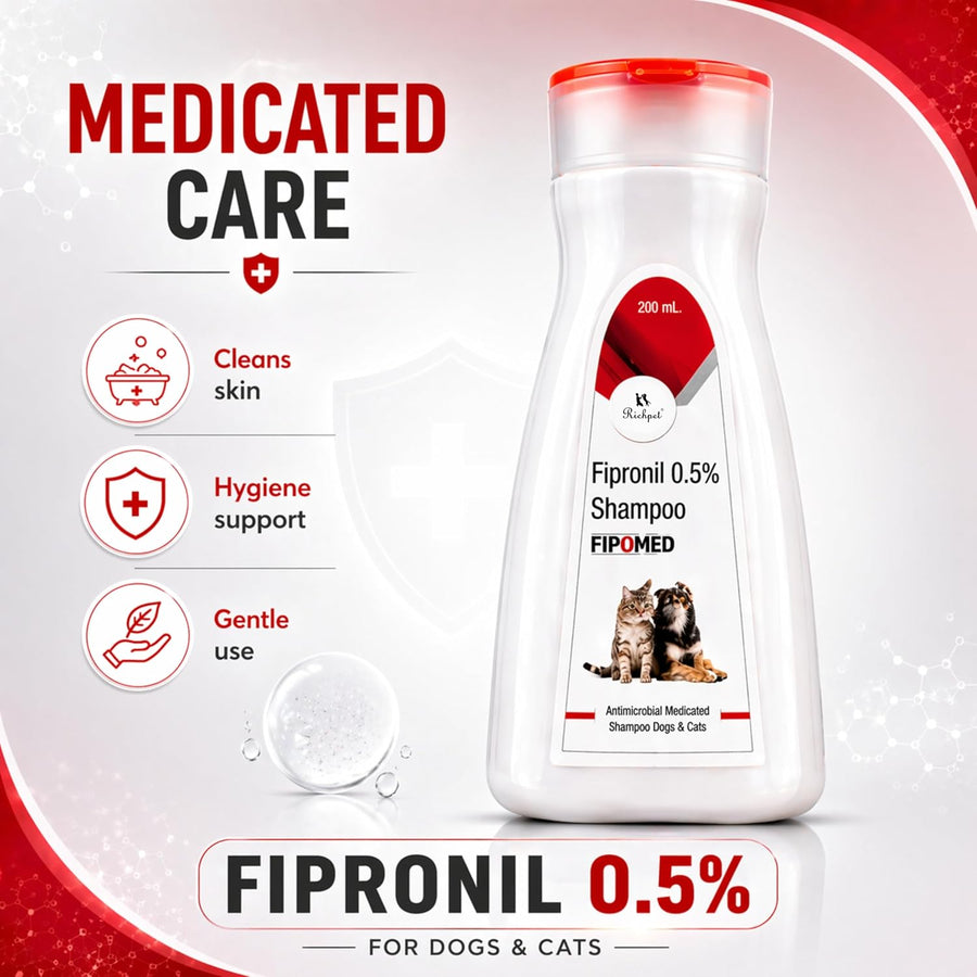 Fipronil 0.5% Medicated Flea & Tick Shampoo for Dogs & Cats | Antimicrobial Pet Shampoo for Flea, Tick & Skin Hygiene Care | Deep Cleansing Formula | 200 ml - Richpet StoreRichpet Store