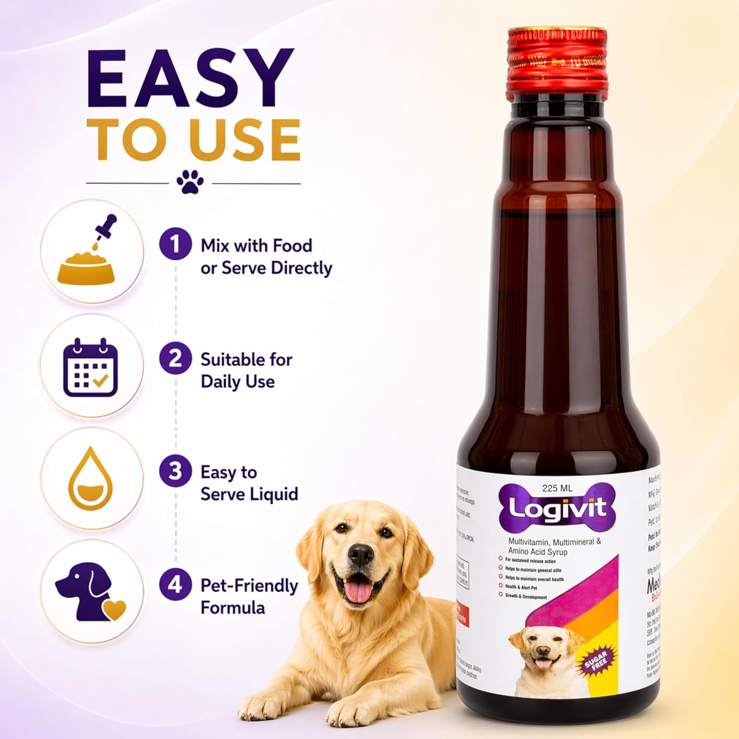 Logivit Multivitamin Syrup for Dogs & Cats | Daily Health Tonic for Immunity, Energy & Growth | Supports Skin & Coat | Vitamin, Mineral & Amino Acid Supplement - 225ml - Richpet StoreRichpet Store