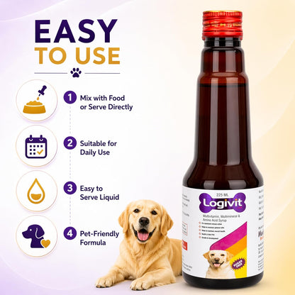 Logivit Multivitamin Syrup for Dogs & Cats | Daily Health Tonic for Immunity, Energy & Growth | Supports Skin & Coat | Vitamin, Mineral & Amino Acid Supplement - 225ml - Richpet StoreRichpet Store
