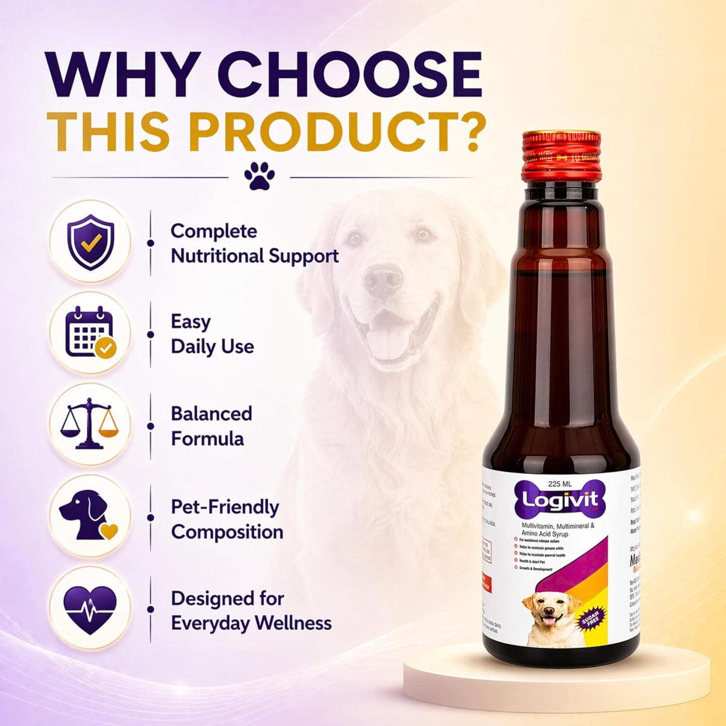 Logivit Multivitamin Syrup for Dogs & Cats | Daily Health Tonic for Immunity, Energy & Growth | Supports Skin & Coat | Vitamin, Mineral & Amino Acid Supplement - 225ml - Richpet StoreRichpet Store
