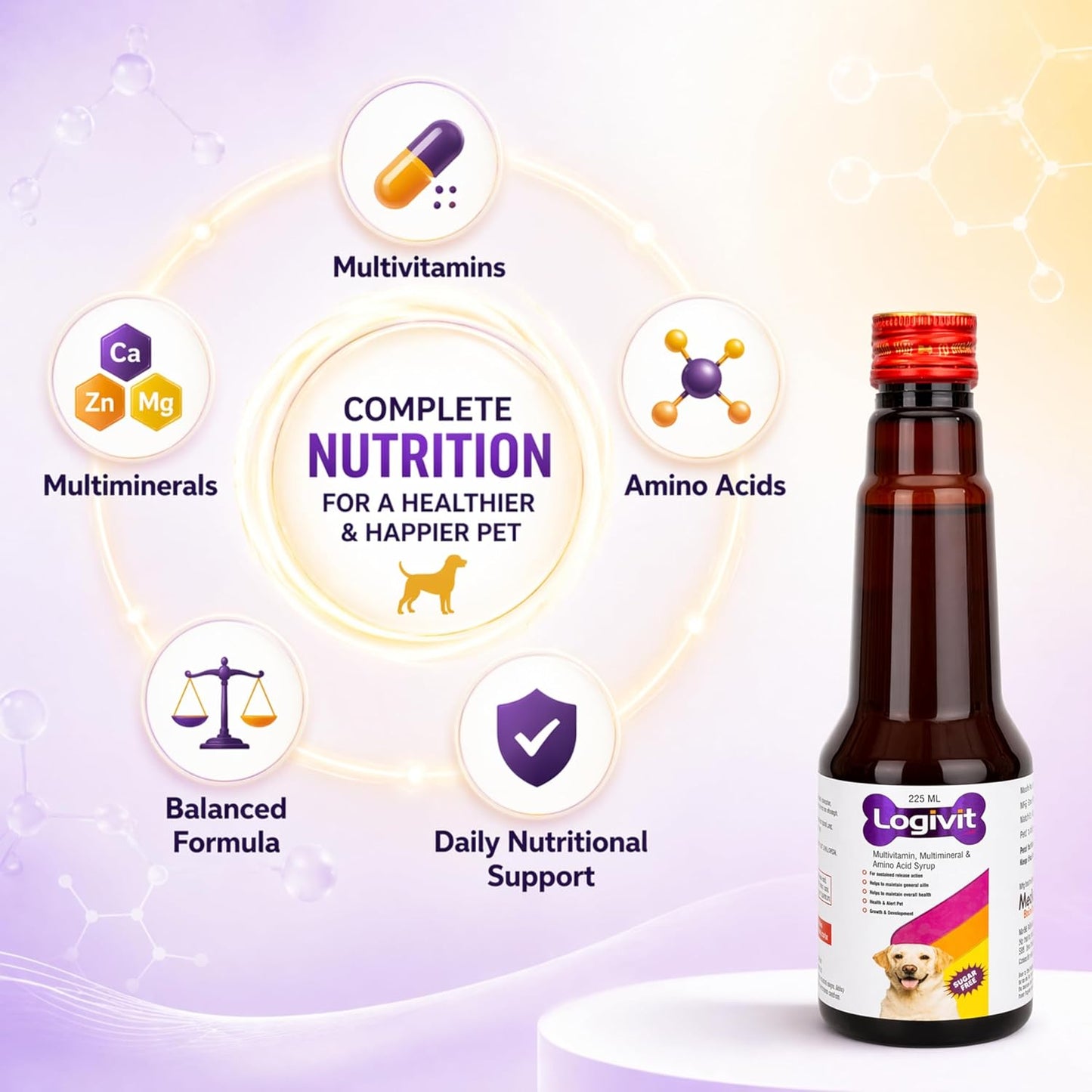 Logivit Multivitamin Syrup for Dogs & Cats | Daily Health Tonic for Immunity, Energy & Growth | Supports Skin & Coat | Vitamin, Mineral & Amino Acid Supplement - 225ml - Richpet StoreRichpet Store