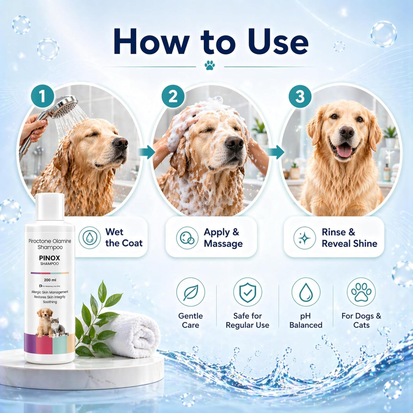 Pinox Shampoo for Dogs & Cats 200ml | Piroctone Olamine Formula for Itchy Skin Care & Coat Hygiene | Soothing Pet Cleanser for Sensitive Skin & Daily Grooming - Richpet StoreRichpet Store