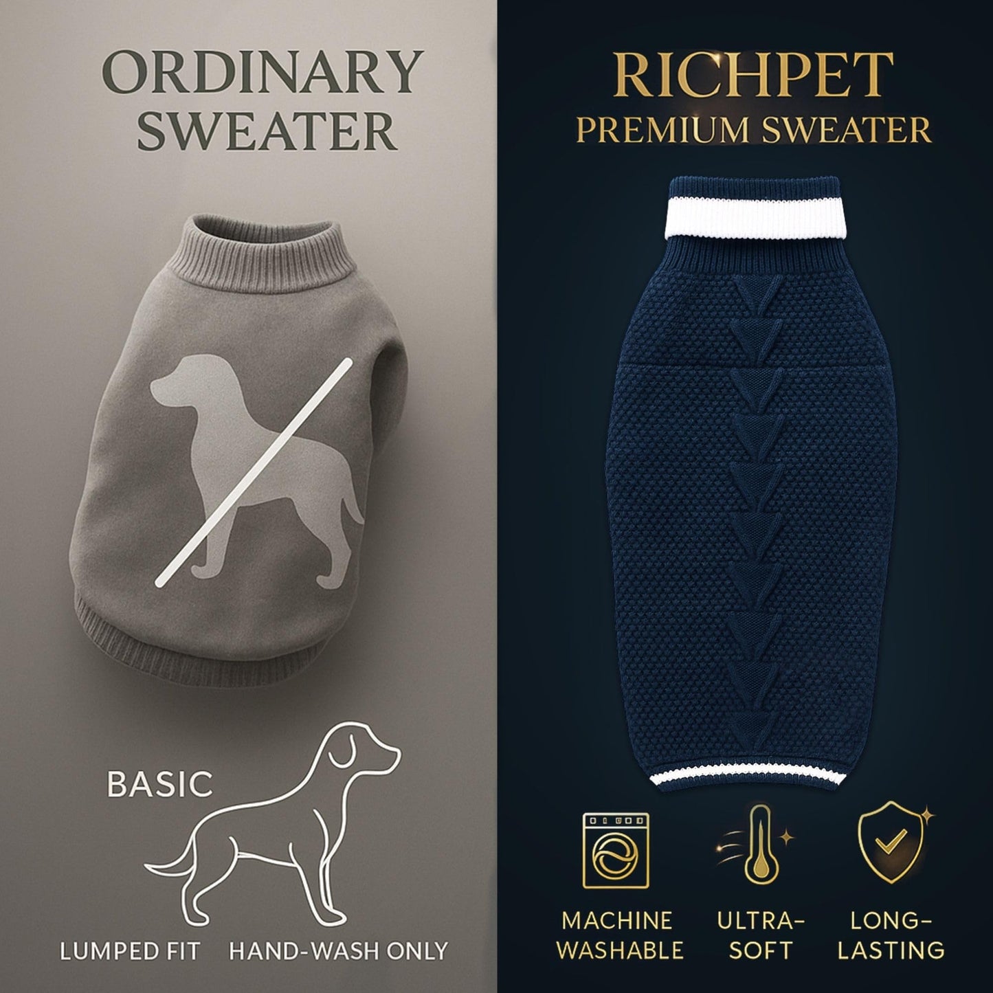 Richpet Soft & Stretchable Dog Sweater (Dark Blue) - Warm, Cozy Turtleneck Winter Knit Pullover - Richpet StoreRichpet Store