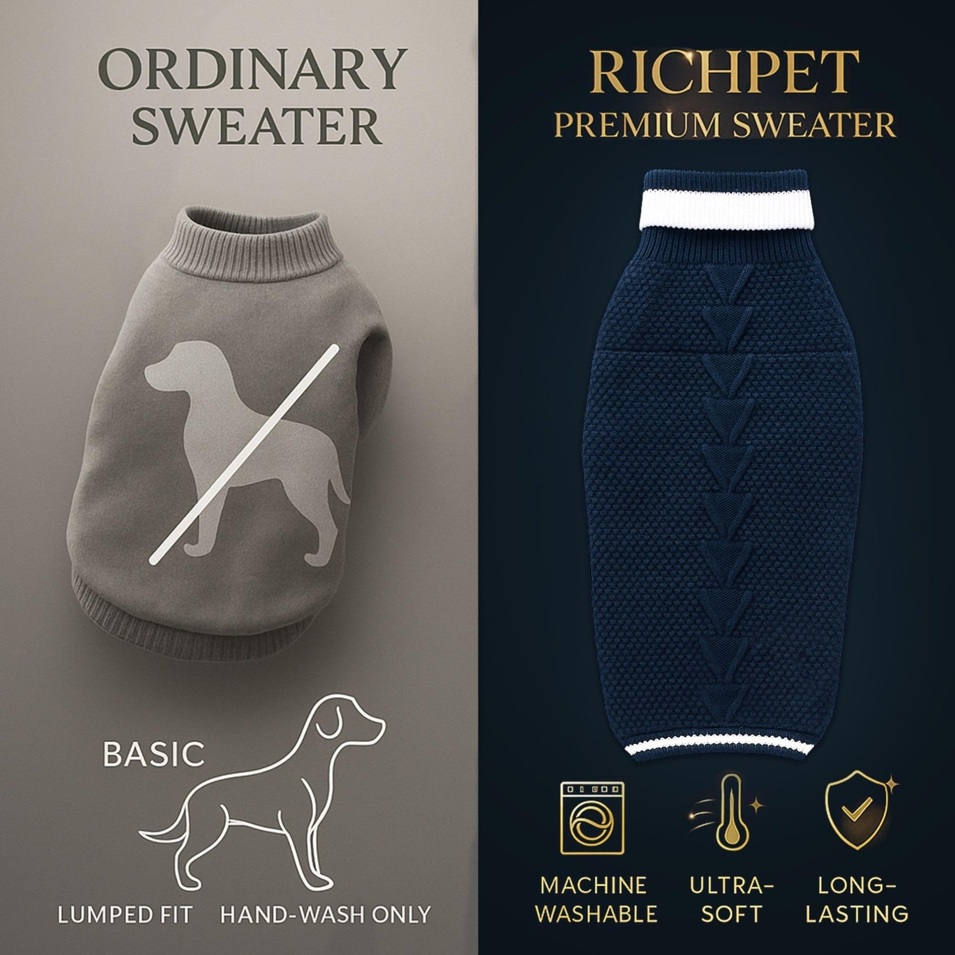 Richpet Soft & Stretchable Dog Sweater (Dark Blue) - Warm, Cozy Turtleneck Winter Knit Pullover - Richpet StoreRichpet Store