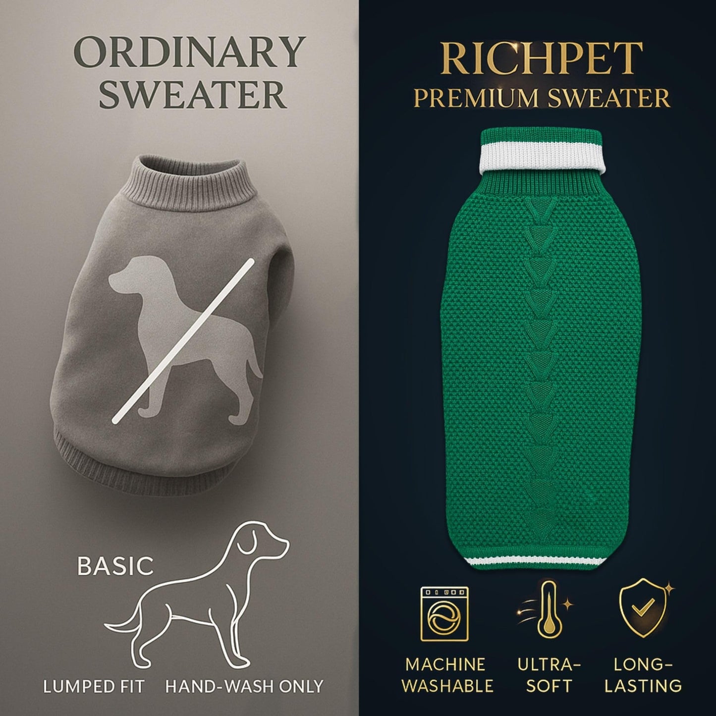 Richpet Soft & Stretchable Dog Sweater (Green) - Warm, Cozy Turtleneck Winter Knit Pullover - Richpet StoreRichpet Store