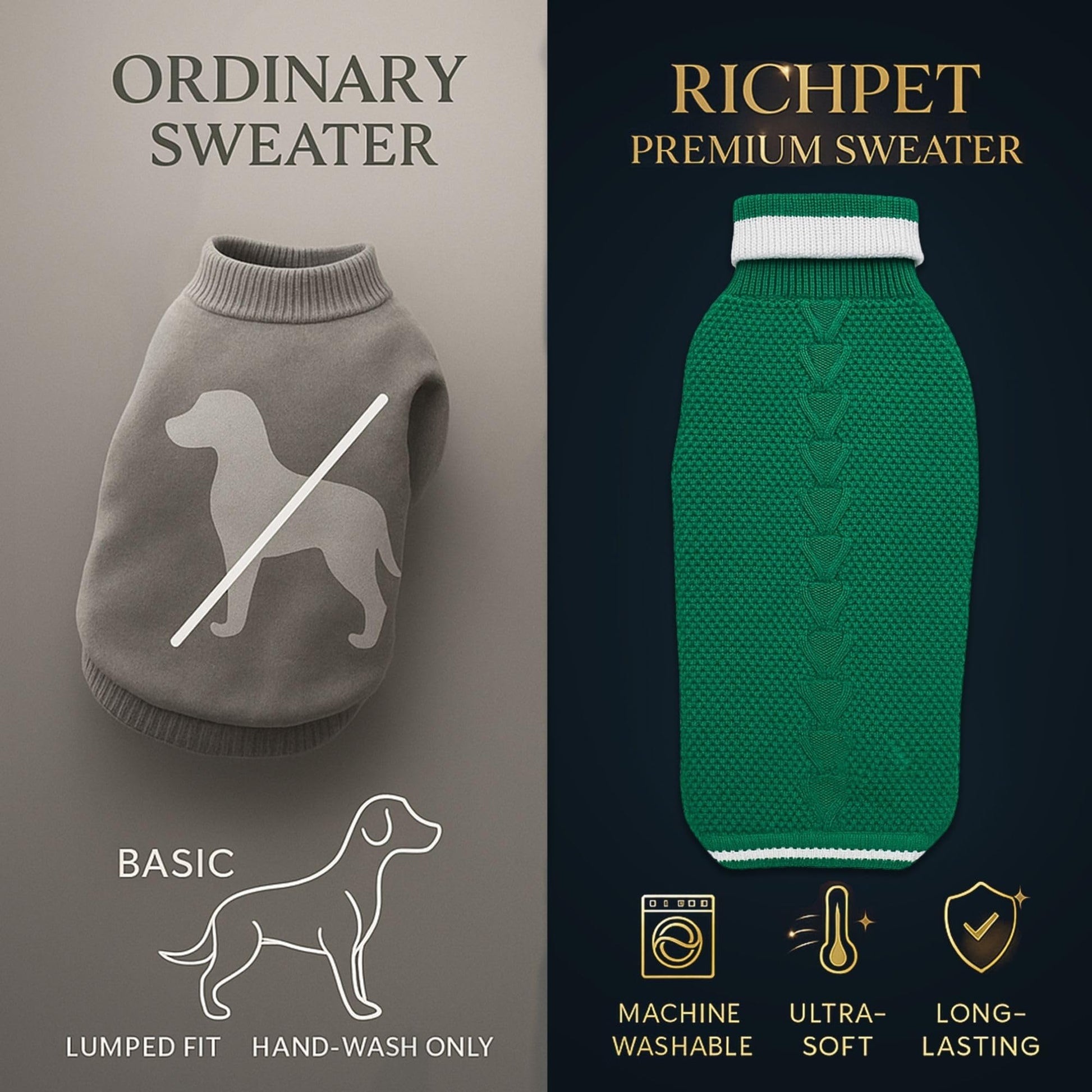 Richpet Soft & Stretchable Dog Sweater (Green) - Warm, Cozy Turtleneck Winter Knit Pullover - Richpet StoreRichpet Store